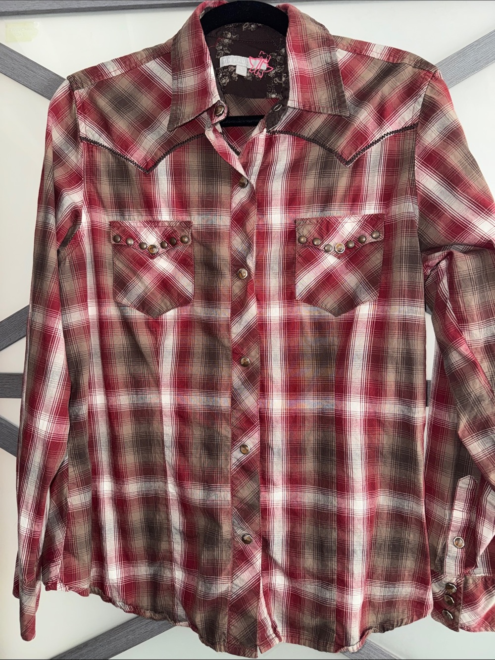 Tin Haul Western Shirt Womens-Large Plaid Snap Front Studded Cowgirl Rodeo
